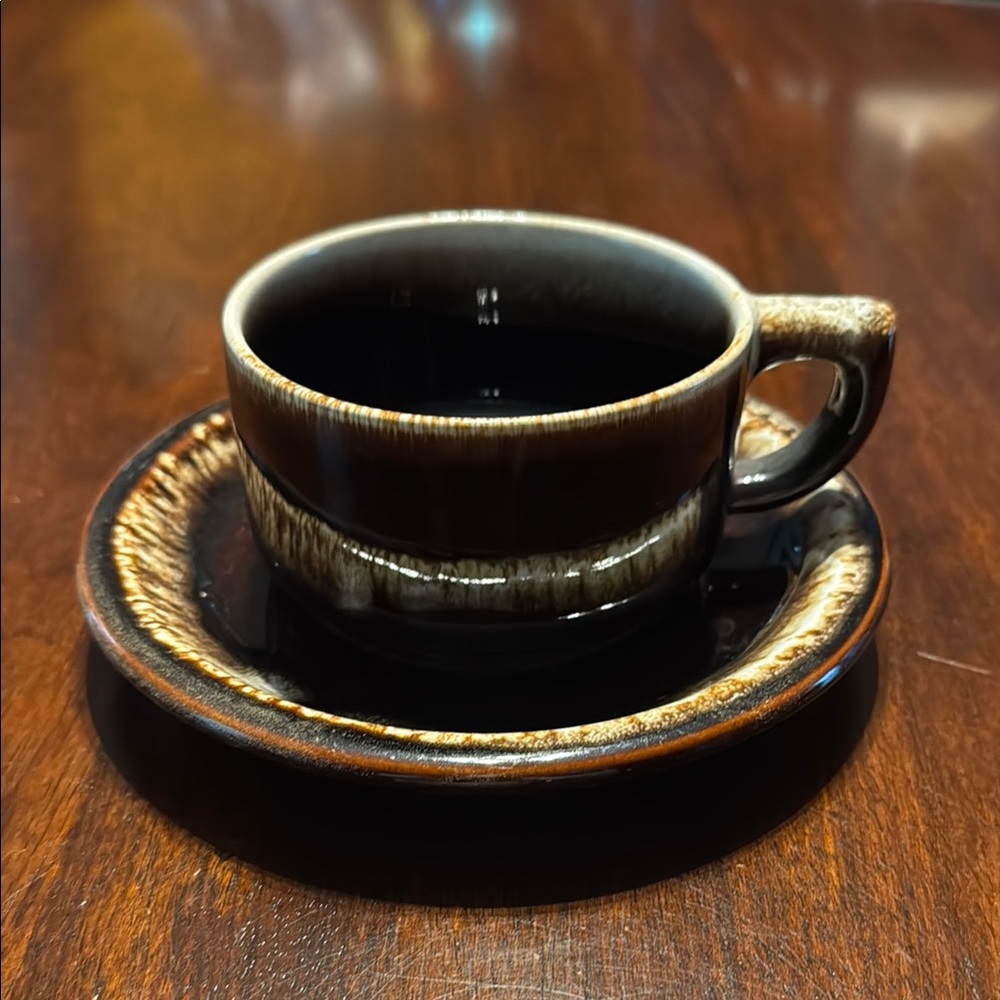 Vintage Pfaltzgraff Brown and Cream Glazed Ceramic Cup and Saucer